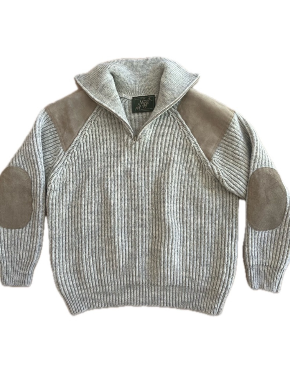 NIFFI Men’s 100% Wool Quarter Zip Sweater Oatmeal XL Suede Patches England NWOT